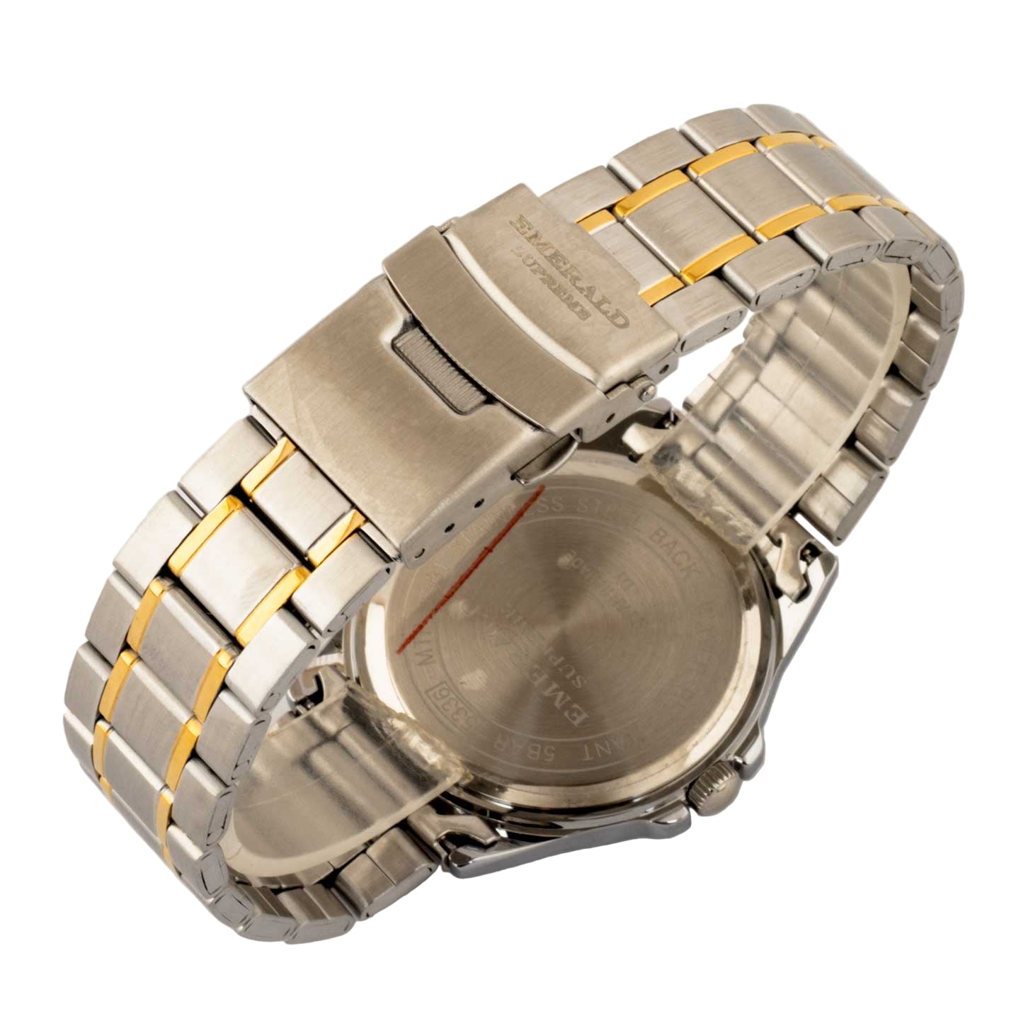 Close-up of a silver and gold watch band on a white background