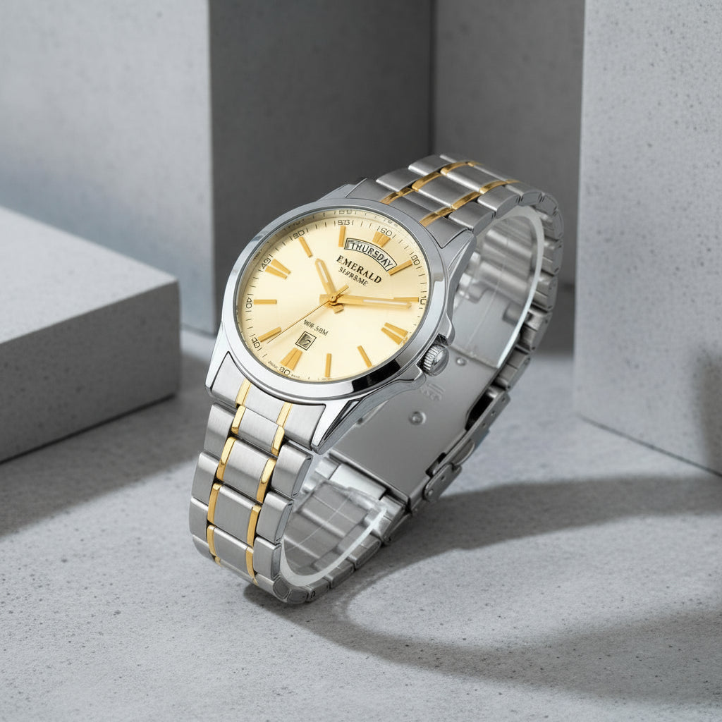 Silver and gold watch with a white background