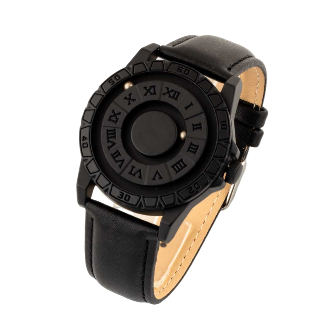 Black watch with a unique design on the face against a white background Main image