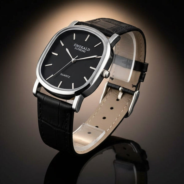 Black wristwatch with silver case and black leather strap on a white background