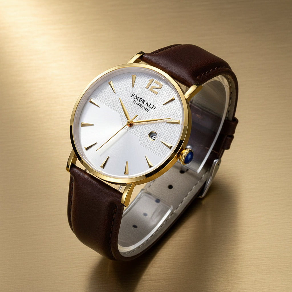 Wristwatch with brown leather strap and gold casing on a gold background