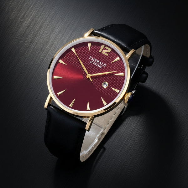 Watch with a red face and black strap on a light gray background