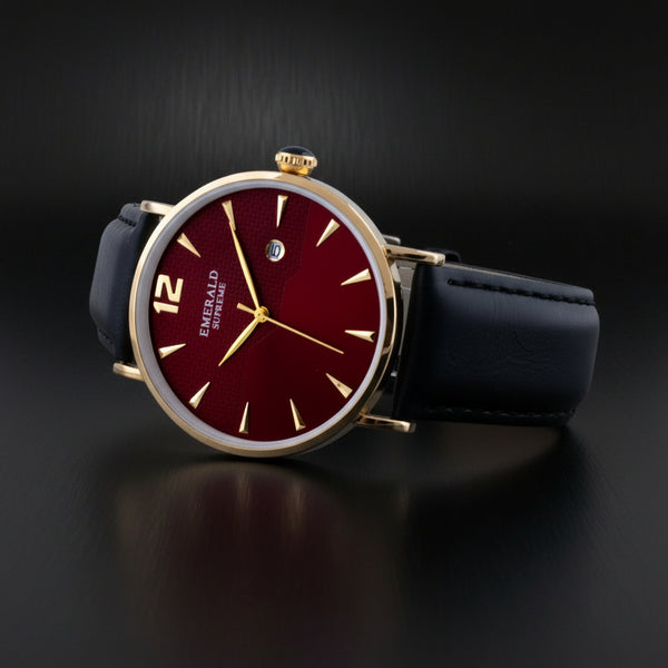 Wristwatch with a red face and black strap on a light gray background