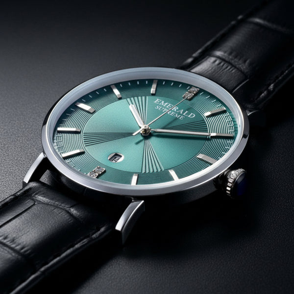 Green watch face with 'Emerald Supreme' branding on a white background