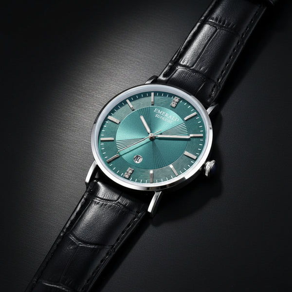 Watch with a green face and black strap on a white background