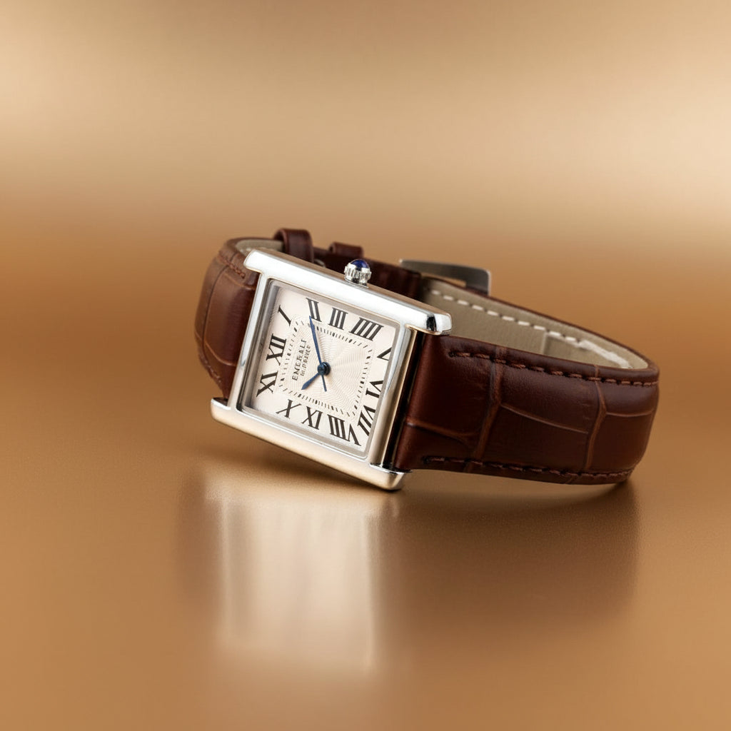 Emerald Tank Couple ES-2626 White dial Brown Leather
