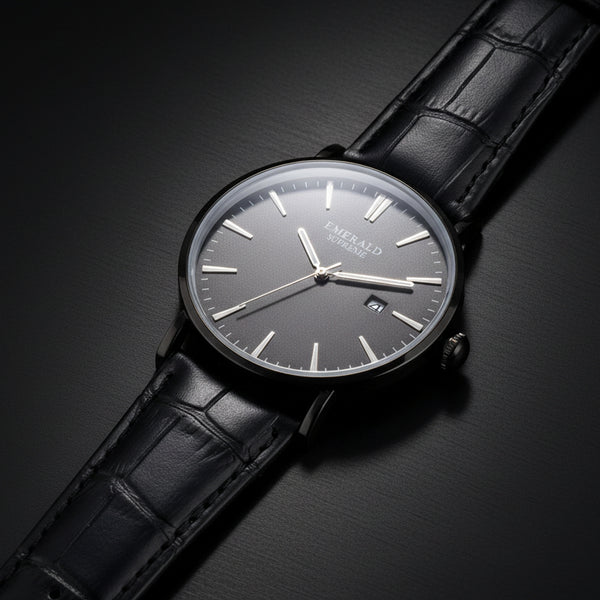 Black wristwatch with a dark face on a white background