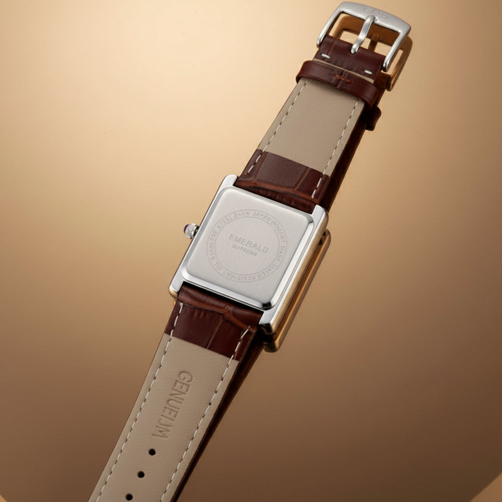 Emerald Tank Couple ES-2626 White dial Brown Leather