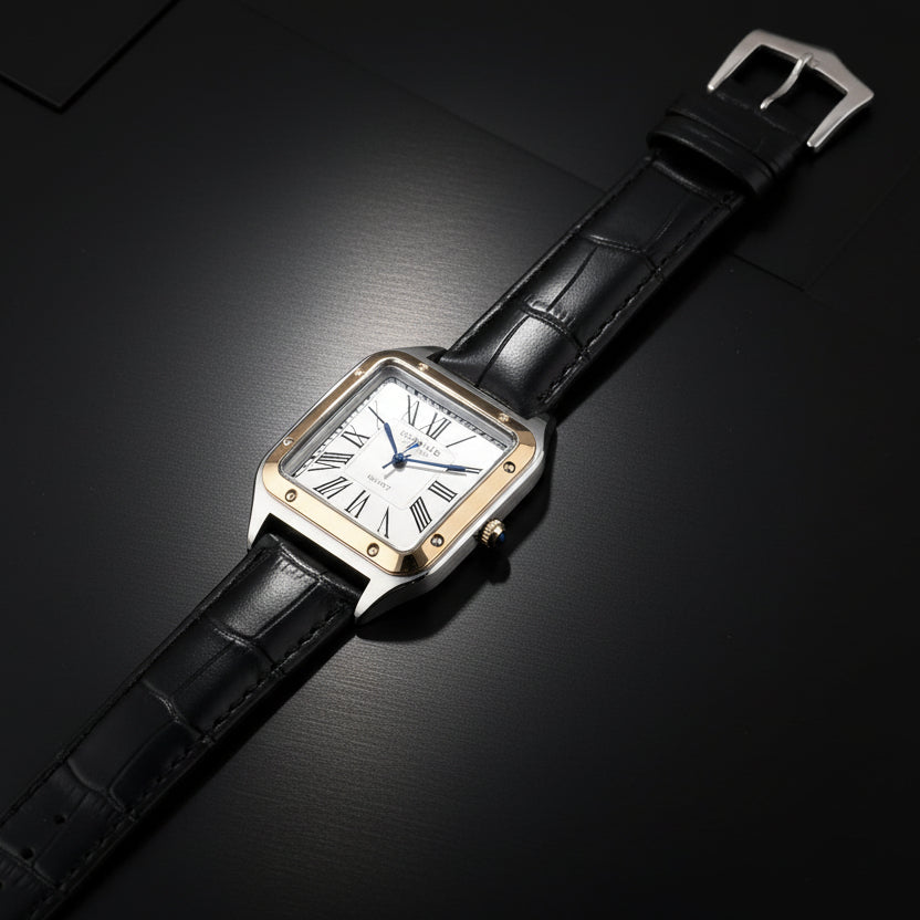 Watch with black strap and gold case on a white background