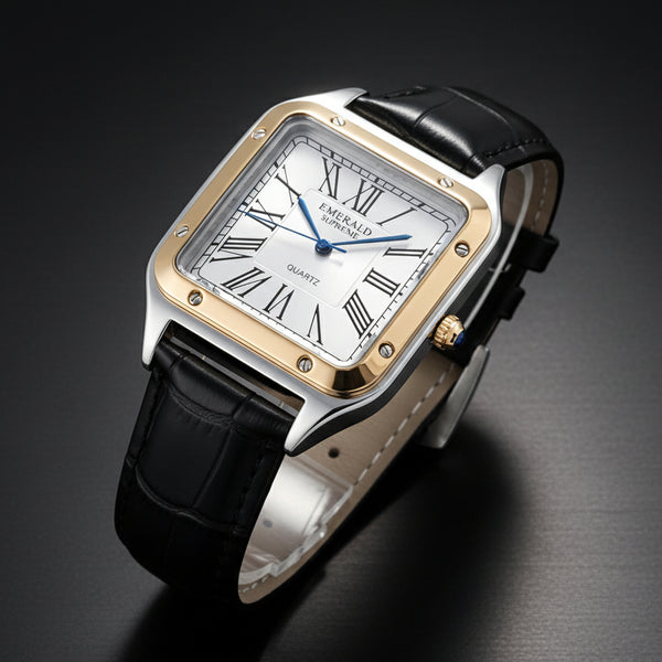 Emerald Santos ES-2031 White dial Two Tone Black Leather Men's Watch