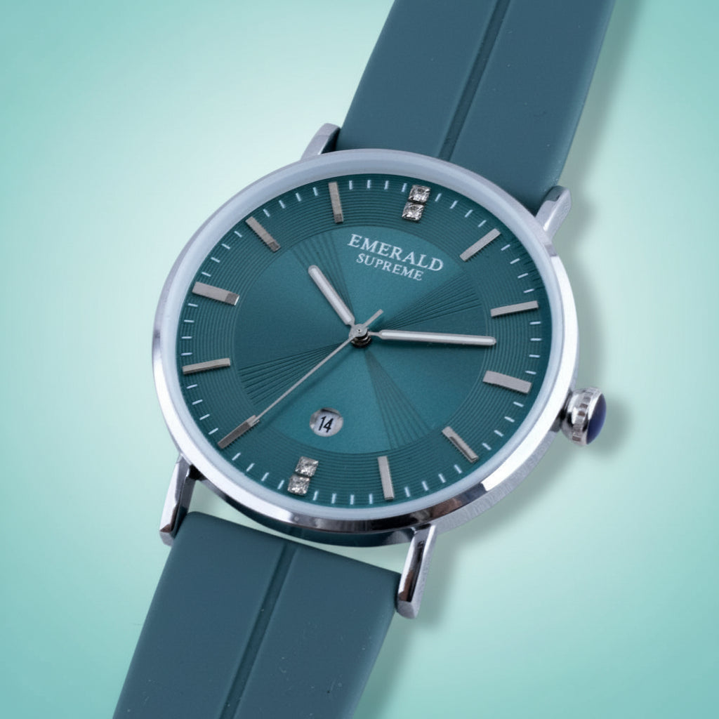 Green watch with a matching strap on a white background