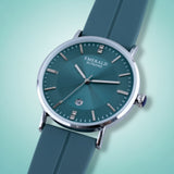 Green watch with a matching strap on a white background