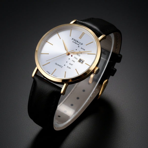 Emerald Heritage Edition ES-9110 White Dial Gold tone Black Leather Men's Watch