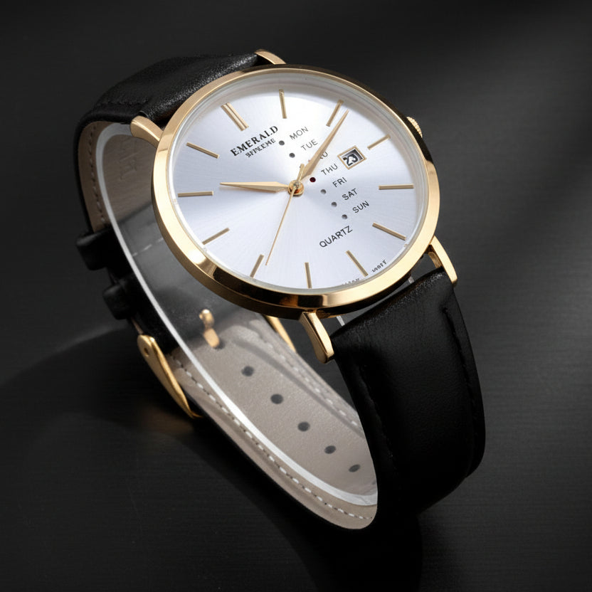 Emerald Heritage Edition ES-9110 White Dial Gold tone Black Leather Men's Watch