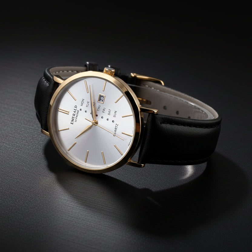 Emerald Heritage Edition ES-9110 White Dial Gold tone Black Leather Men's Watch