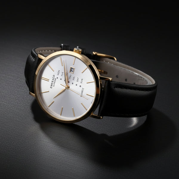 Emerald Heritage Edition ES-9110 White Dial Gold tone Black Leather Men's Watch