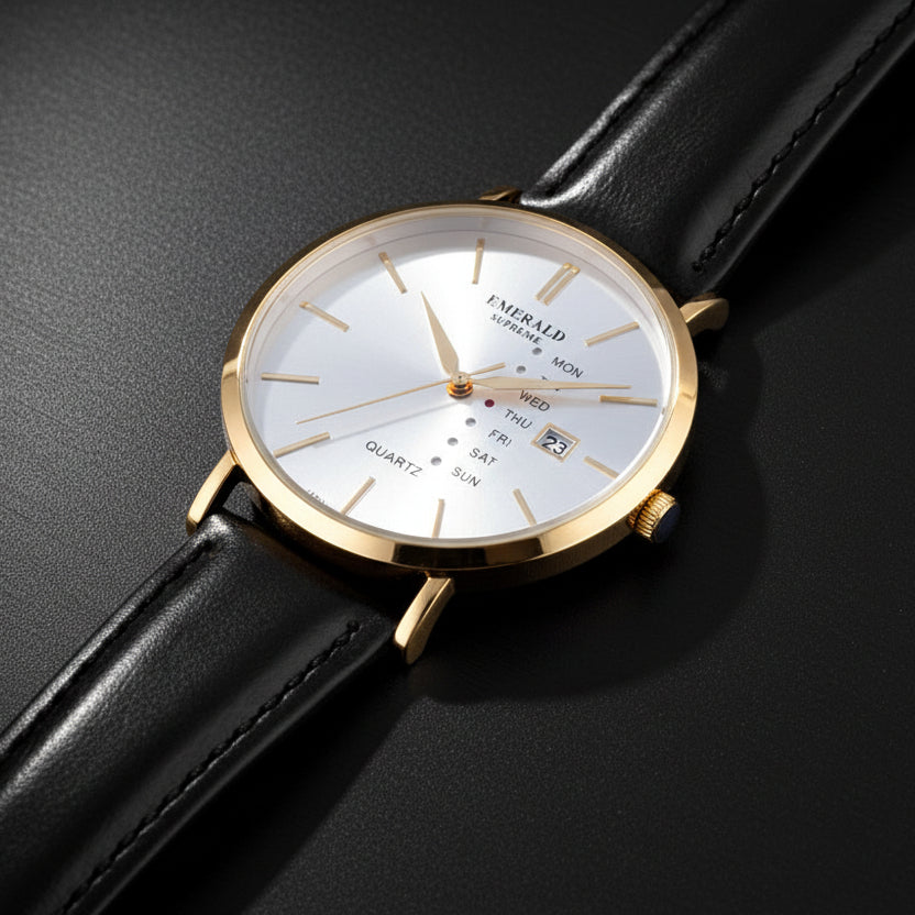 Emerald Heritage Edition ES-9110 White Dial Gold tone Black Leather Men's Watch