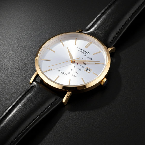 Emerald Heritage Edition ES-9110 White Dial Gold tone Black Leather Men's Watch