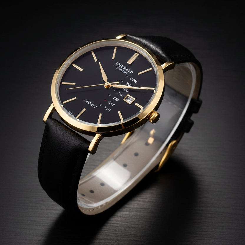 Emerald Heritage Edition  ES-9111 Black Dial Gold tone Black Leather Men's Watch
