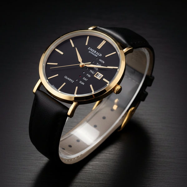 Emerald Heritage Edition  ES-9111 Black Dial Gold tone Black Leather Men's Watch