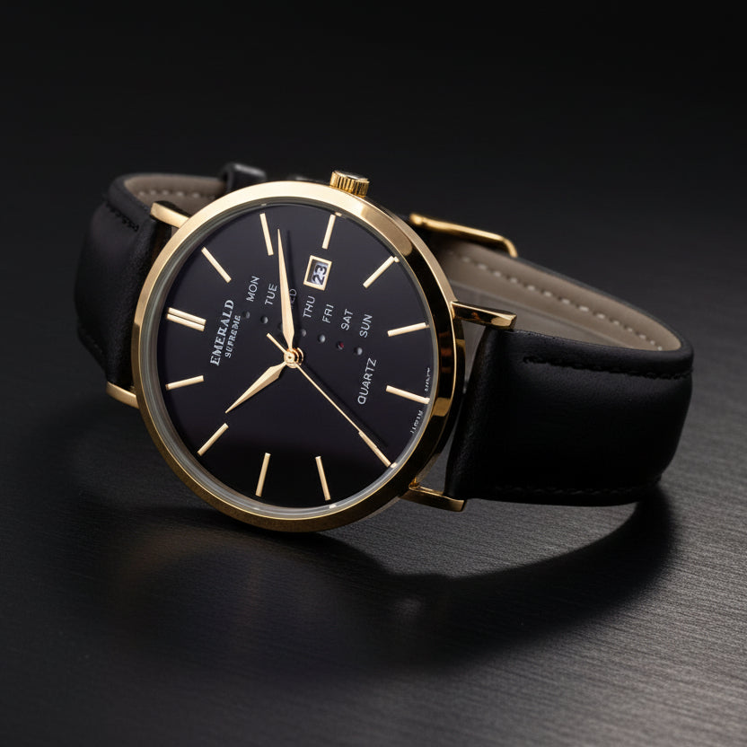 Emerald Heritage Edition  ES-9111 Black Dial Gold tone Black Leather Men's Watch