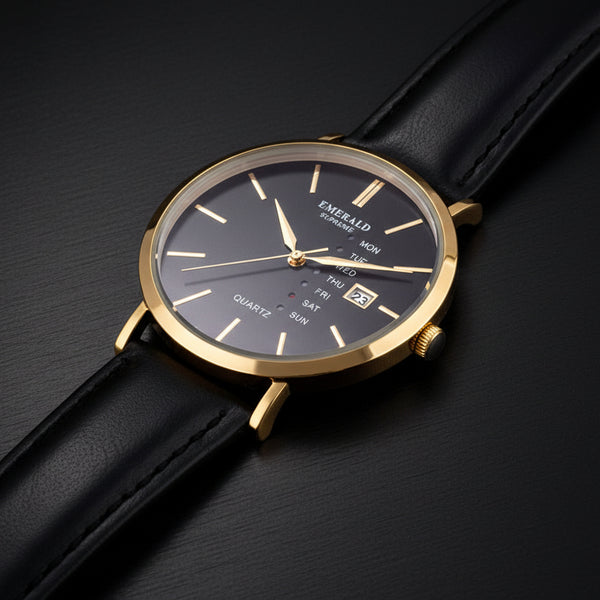 Emerald Heritage Edition  ES-9111 Black Dial Gold tone Black Leather Men's Watch