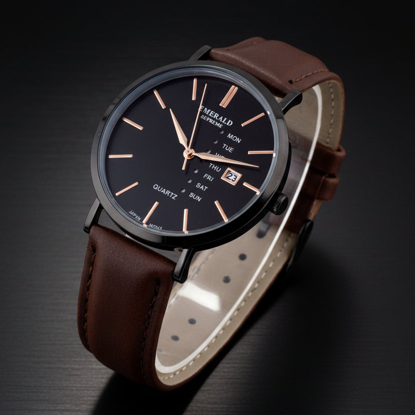 Emerald Heritage Edition ES-9112 Black Dial Brown Leather Men's Watch