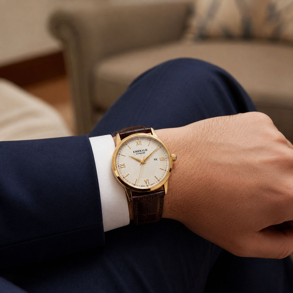 Emerald Classic Oyster ES-9004-White Dial Gold-Tone Men's Watch