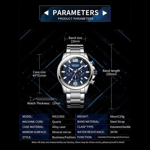 MEGIR MS2156G Blue dial Silver Chain chronograph watch
