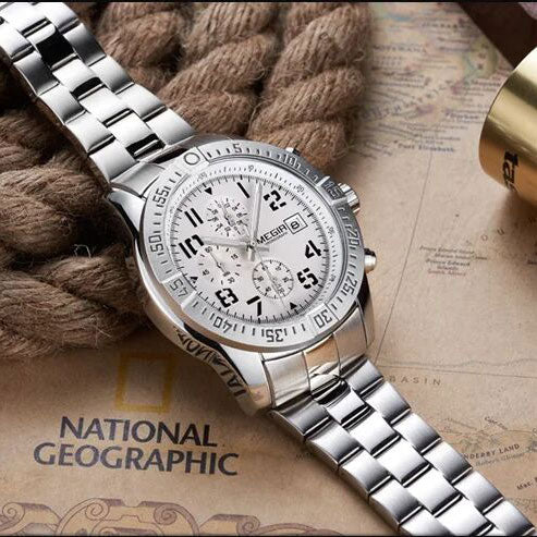 MEGIR M2030S White dial Silver Chain chronograph watch