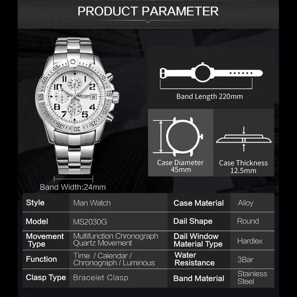 MEGIR M2030S White dial Silver Chain chronograph watch