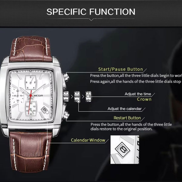 MEGIR 2028W White dial Brown leather chronograph watch