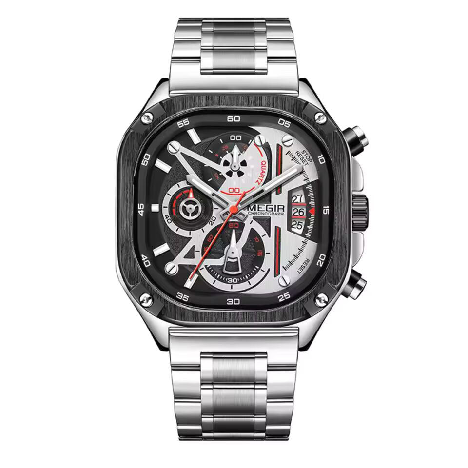 MEGIR 2217G black dial Silver Chain chronograph watch
