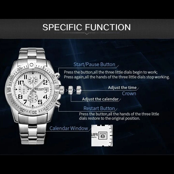 MEGIR M2030S White dial Silver Chain chronograph watch