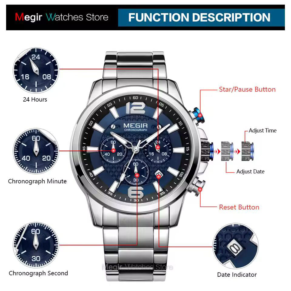 MEGIR MS2156G Blue dial Silver Chain chronograph watch