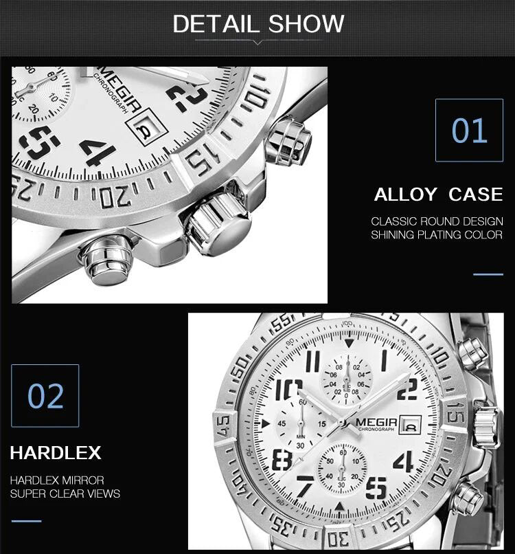MEGIR M2030S White dial Silver Chain chronograph watch