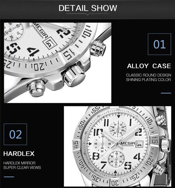 MEGIR M2030S White dial Silver Chain chronograph watch