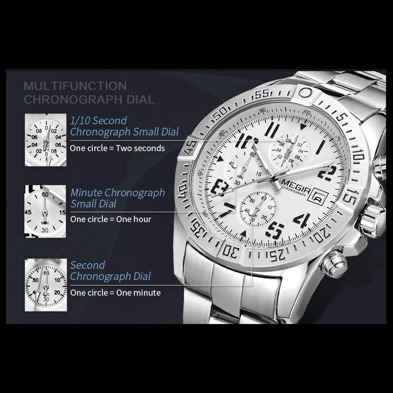 MEGIR M2030S White dial Silver Chain chronograph watch