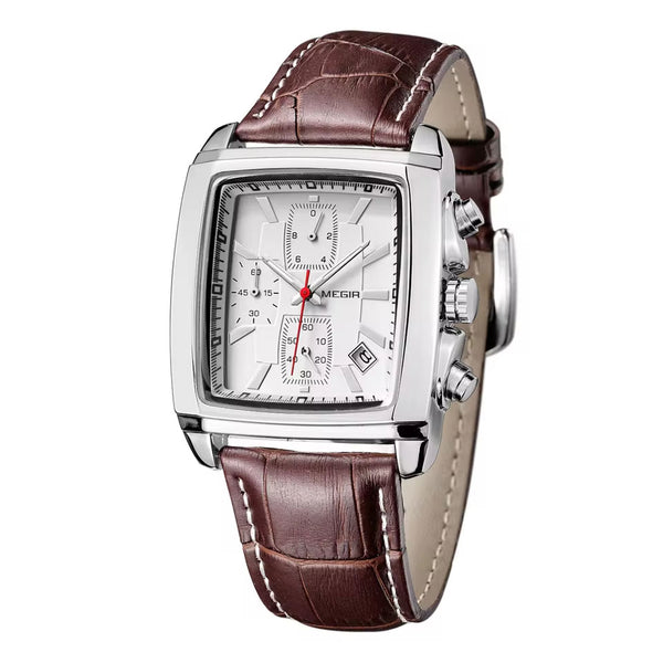 MEGIR 2028W White dial Brown leather chronograph watch