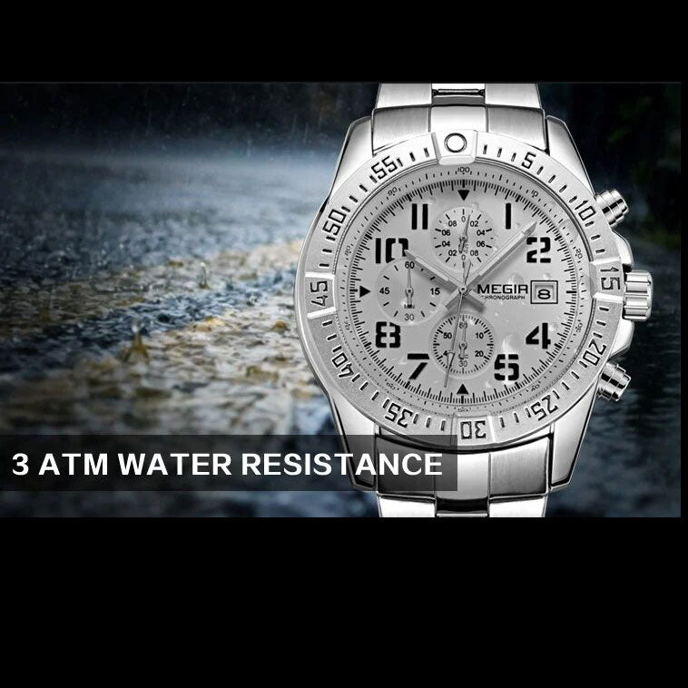 MEGIR M2030S White dial Silver Chain chronograph watch