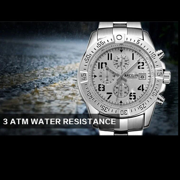 MEGIR M2030S White dial Silver Chain chronograph watch