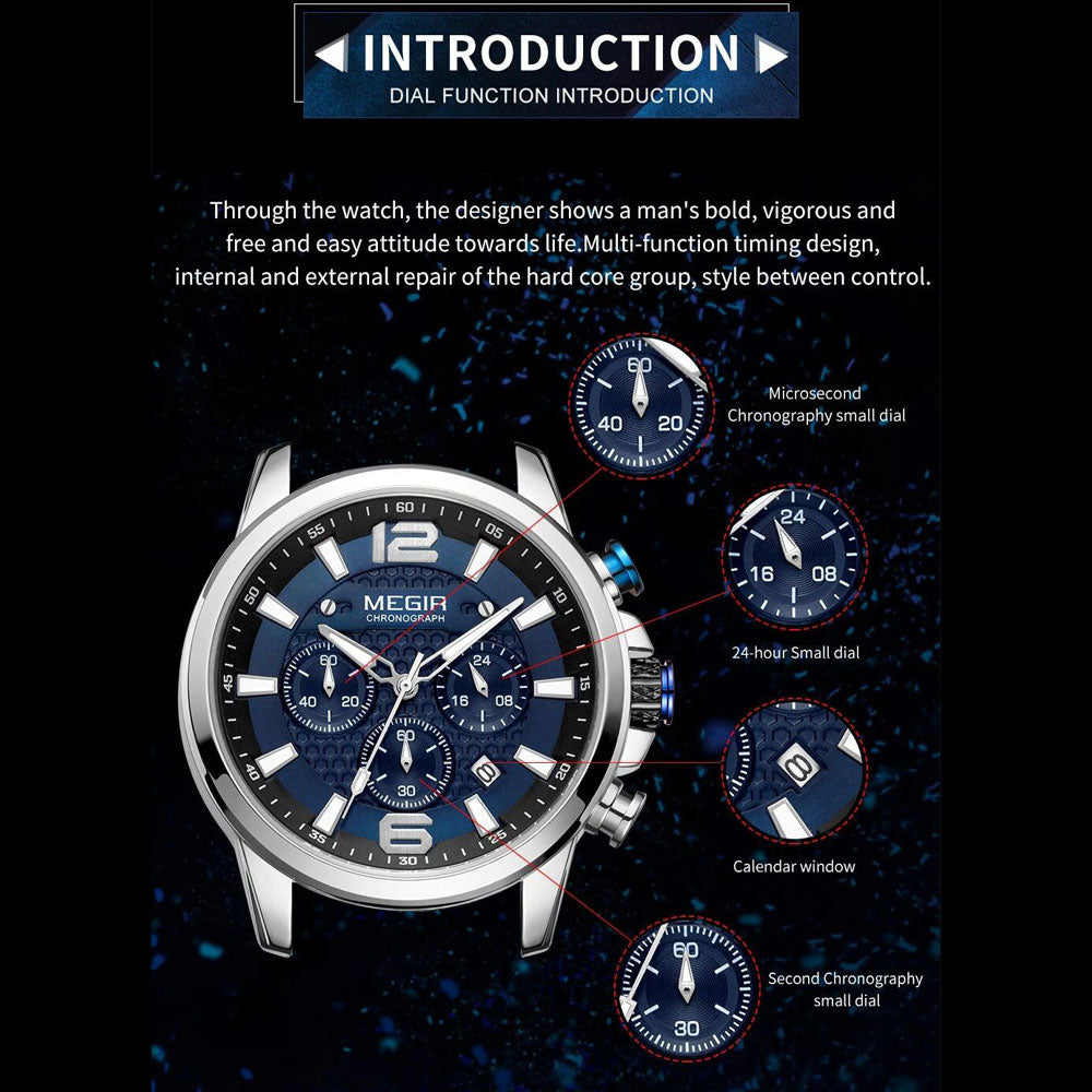 MEGIR MS2156G Blue dial Silver Chain chronograph watch
