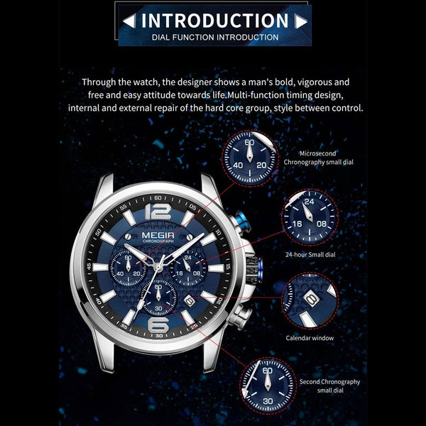 MEGIR MS2156G Blue dial Silver Chain chronograph watch