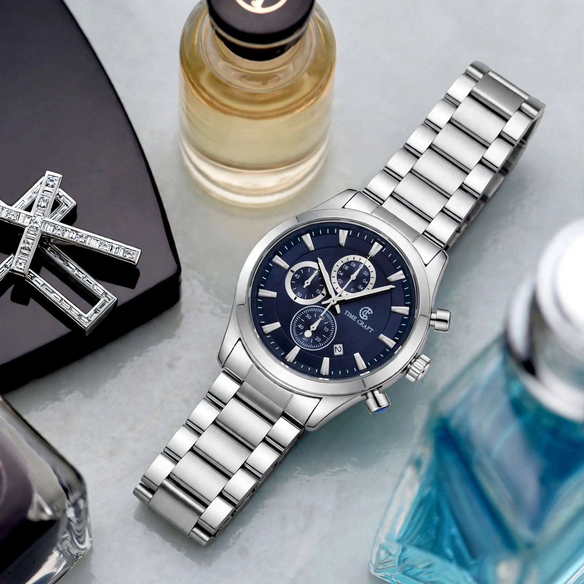 Time Craft TC-1613SBL Chronograph blue Dial silver Chain Watch