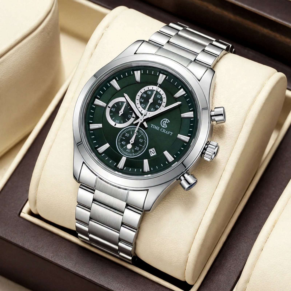 Time Craft TC-1613-SGG Chronograph green Dial Silver Chain Watch Main image