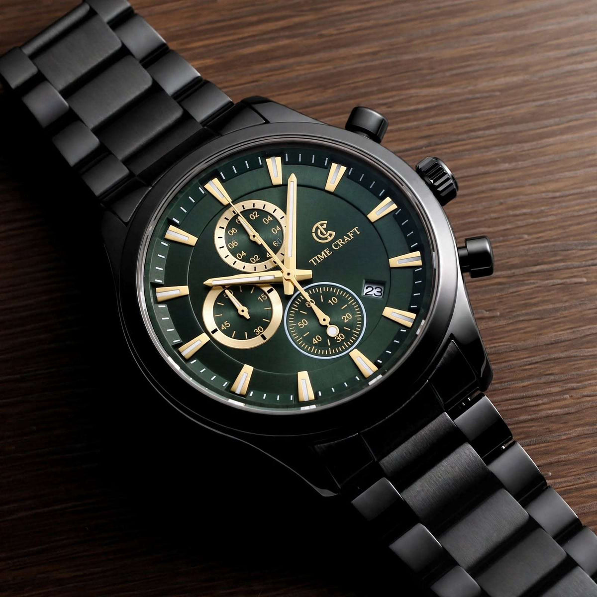 Time Craft TC-1613BG Chronograph green Dial Black Chain Watch