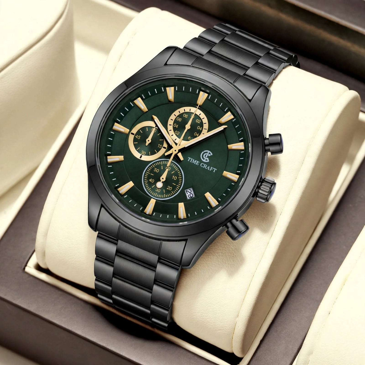 Time Craft TC-1613BG Chronograph green Dial Black Chain Watch