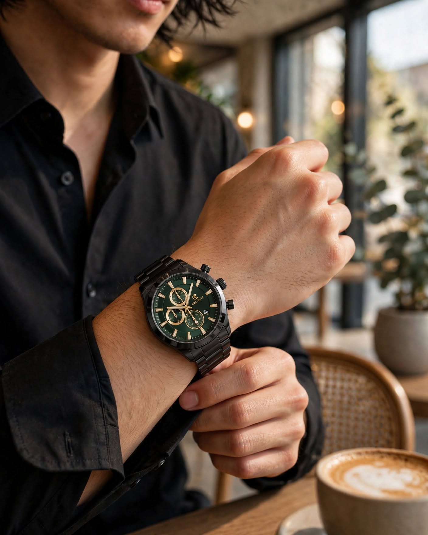 Time Craft TC-1613BG Chronograph green Dial Black Chain Watch Secondary image