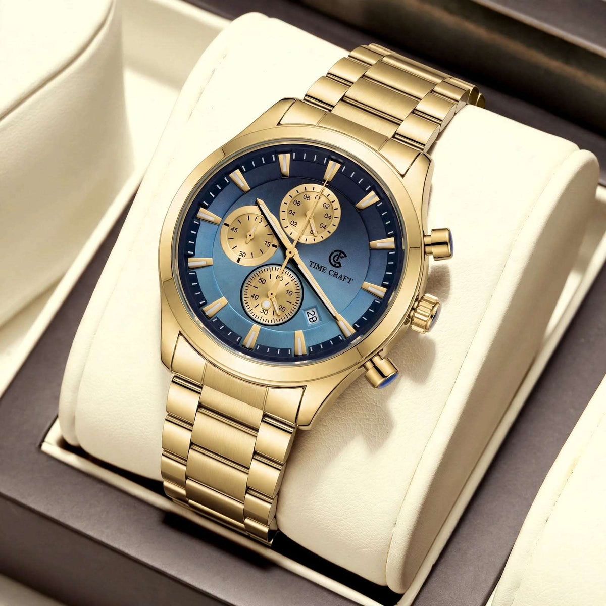 Time Craft TC-1613GBB Chronograph Blue Dial Gold Chain Watch