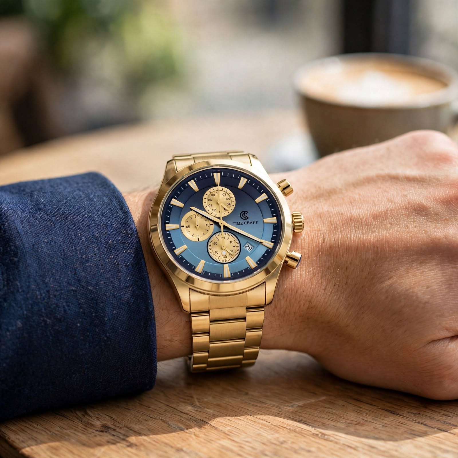 Time Craft TC-1613GBB Chronograph Blue Dial Gold Chain Watch Secondary image